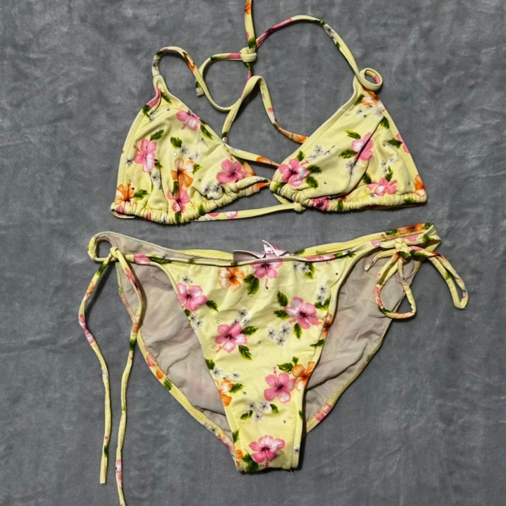 Xhilaration Yellow Floral Rhinestone Triangle Bikini Set XL Tropical Swimsuit